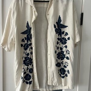 Abercrombie & Fitch Linen Cream Shirt with Navy Floral Design
